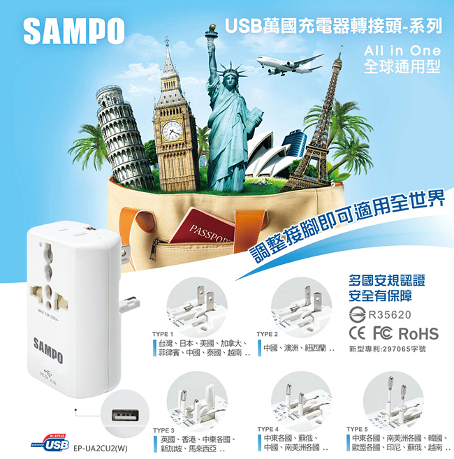 『全球通用型～轉接頭』SAMPO 聲寶 單USB萬國充電器轉接頭-白色 (EP-UA2CU2)